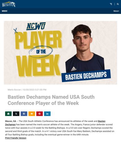 NCWU Player of the Week pour Bastien